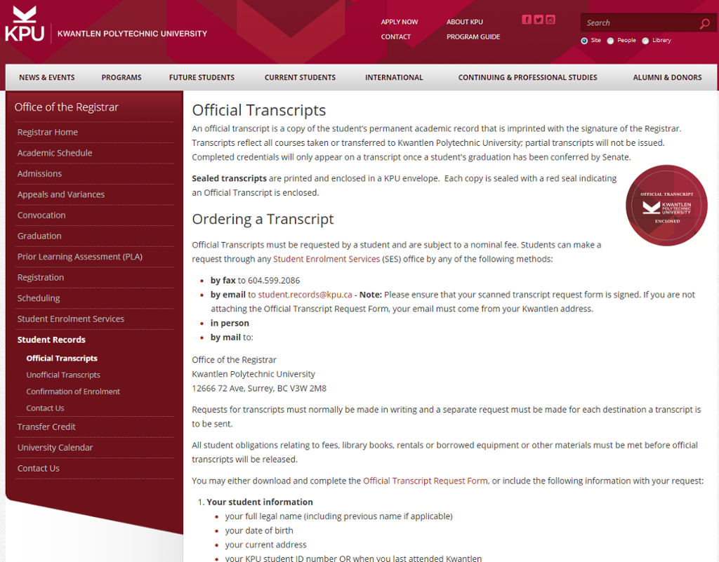 Order your Official Transcript | ONE.KPU